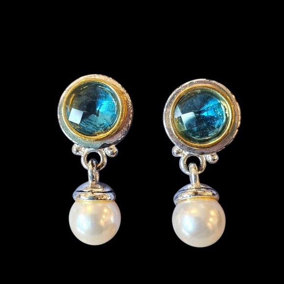 VTG 90s Faux Aquamarine Blue Pearls Drop Dangle Earrings Silver Plated Gold Avon - Picture 1 of 9